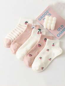 5双新款粉色水果图案袜子，女士短款透气棉袜，可爱日系白色休闲船袜，随机发货 - 彩色 - 查看 1