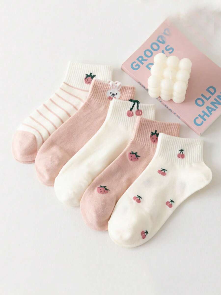 5双新款粉色水果图案袜子，女士短款透气棉袜，可爱日系白色休闲船袜，随机发货 - 彩色 - 查看 1