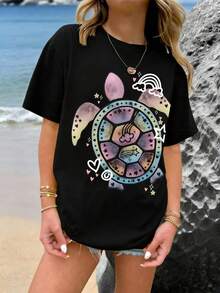 Camiseta de manga corta con estampado de tortuga informal para niñas preadolescentes, verano - Negro - Ver 9