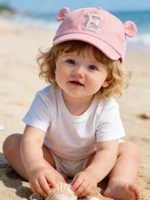 1顶婴儿可爱珍珠26字母棒球帽，幼儿可爱耳朵工艺字母设计风格，男婴韩流风格后扣帽，男女童遮阳帽，1-3岁 - 粉色 - 查看 2