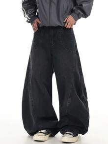 Jeans casuales de corte holgado para hombre con parches, pierna recta y lavado desgastado, estilo streetwear - Negro - Ver 4