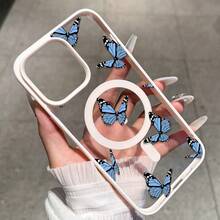 Funda Magnética para Teléfono Apple  Patrón de Mariposa Azul Transparente Antigolpes Funda Protectora de TPU Suave Compatible con iPhone 14 13 12 Series Resistente a los Arañazos Diseño de Moda Ligero Soporta Carga Inalámbrica 2BXS - Multicolor - Ver 8