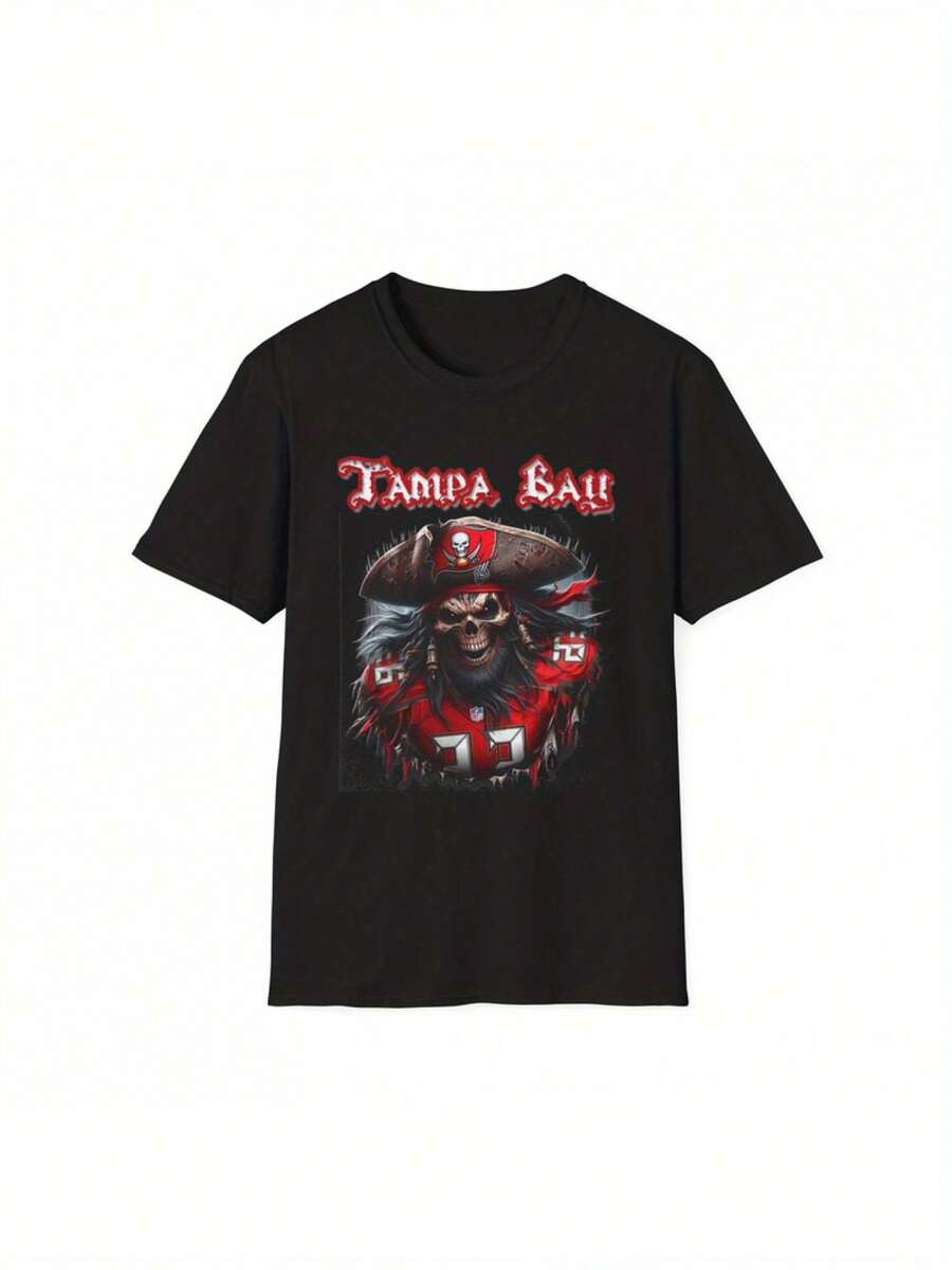 Camiseta gráfica de terror de Tampa Bay para hombres - Calavera negra desgastada; Colores del equipo rojo y blanco. Camiseta de algodón de corte holgado para fanáticos de la. Casual; Ropa Deportiva. Camiseta. Mercancía de fans. Impacto visual audaz. Uso cómodo. Tela transpirable - Negro - Ver 1