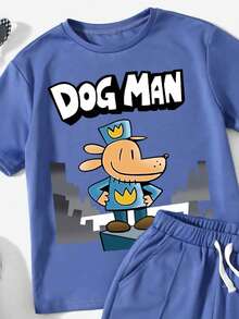 2pcs/Set Boys' Cartoon Letter Print Round Neck Short Sleeve T-Shirt And Drawstring Waist Shorts Casual Outfit - Blue - View 4