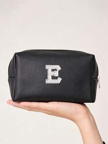 1pc Women's Octagonal Makeup Bag, Travel Organizer Bag, Bridal Makeup Bag, PU Letter Makeup Bag, Portable Chenille Letter Zipper Makeup Bag, Letter Patch PU Leather Waterproof Travel Toiletry Bag, Letter Combination Cosmetic Bag (Letter A~Z), Suitable For Autumn Home Decor - Black and White Lettering - View 5