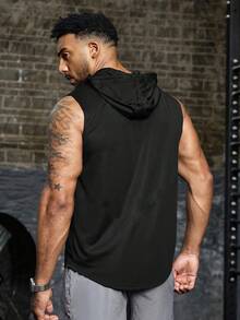 时尚无袖连帽健身背心，多功能大码男士服装，时尚印花设计展现个性 - 黑色 - 查看 8