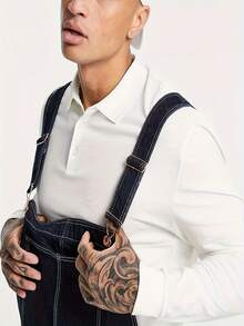 213 American Retro Large Size Men's Denim Overalls, Three-Dimensional Tailoring Patchwork Design, Multi-Pocket Workwear Style, Loose Straight Fit, Suitable For All Body Types, Washed Dark Blue, Wearable In All Seasons, Elastic Fabric Suitable For Machine Wash, Fashionable Casual Plus Size Men's Denim Overalls - 深藍色 - 查看 2