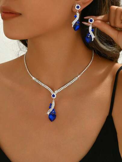 3pcs Set Fully Rhinestone Decorated Navy Blue Heart Necklace & Earrings Jewelry Set, Suitable For Women's Daily, Campus, Couples Gift, Bridal Wedding, Elegant & Versatile