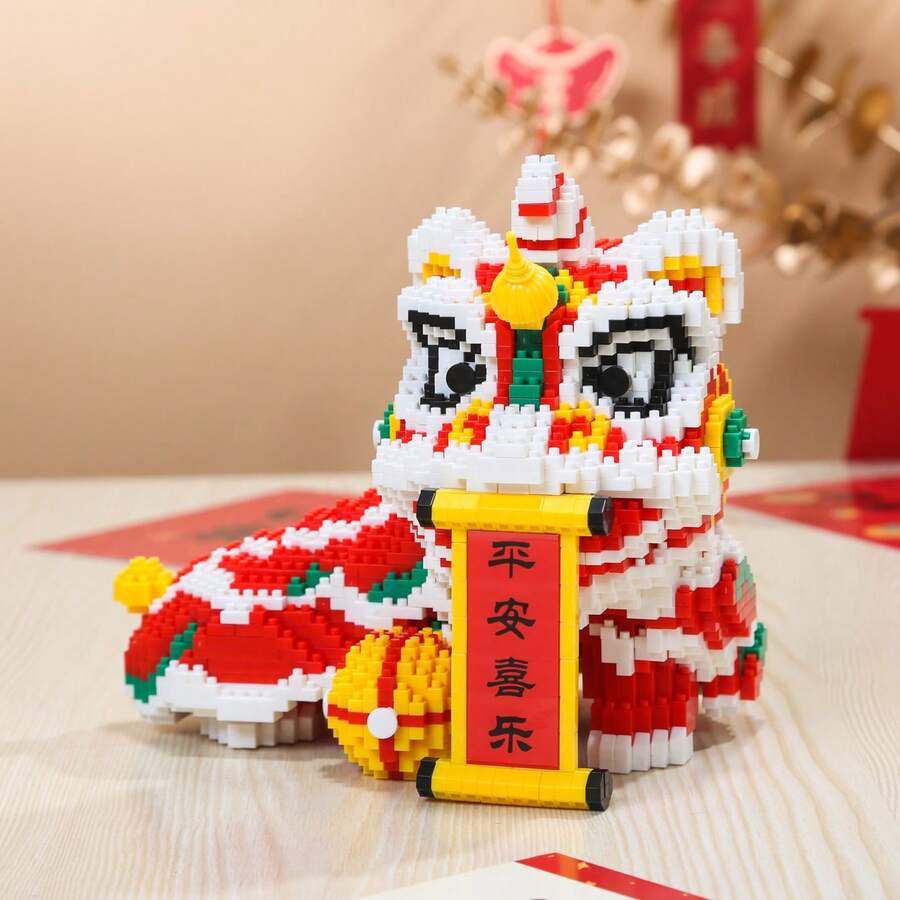 5000pcs Lion Dance Building Blocks, Micro Particle Building Block Set, Adult Building Block Set, High Difficulty Assembly Adult Stress Relief Building Blocks, Chinese New Year Decor, Creative Desktop Decoration, Festive Decor, New Year Gift - New Year Lion Dance Building Block Set - View 1
