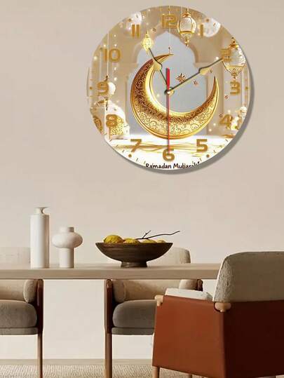 Reloj de pared silencioso de 10/12 pulgadas - Diseño de luna creciente y farol - Marco de madera blanco, estilo europeo - Adecuado para decoración de estudio o sala de estar, regalo perfecto (baterías no incluidas), decoración islámica del hogar