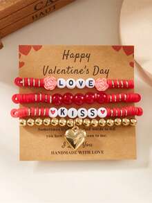 4/5/6pcs Valentine's Day LOVE Bracelet, Multi-Layer Rose, Couple Pink Heart Envelope, Soft Clay Beaded Elastic Bracelet, Valentine's Day Gift - Red - View 11