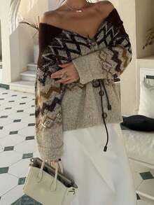 French Retro V-Neck Knit Cardigan, Women Autumn/Winter Cinched Waist Slim Sequin & Beaded Jacket - Multicolor - View 5