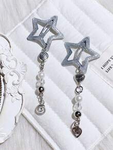 2件套星形、心形和漩涡流苏装饰发夹及链条发饰，爪夹，发卡，发夹，头饰 - 銀色 - 查看 3