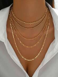5pcs/Set Simple Braided Bead Chain Necklaces, Gold Tone, Layered Pendant Necklace Set For Women Daily And Party Wear