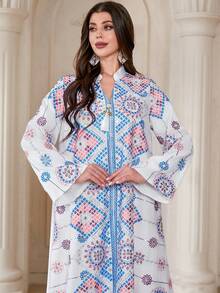 刺绣长款阿拉伯连衣裙，V领设计，饰有流苏和亮片，梭织面料 - 白色 - 查看 8