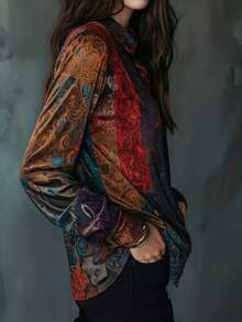 女士波西米亚风印花长袖纽扣衬衫，经典复古休闲度假春季上衣 - 彩色 - 查看 3