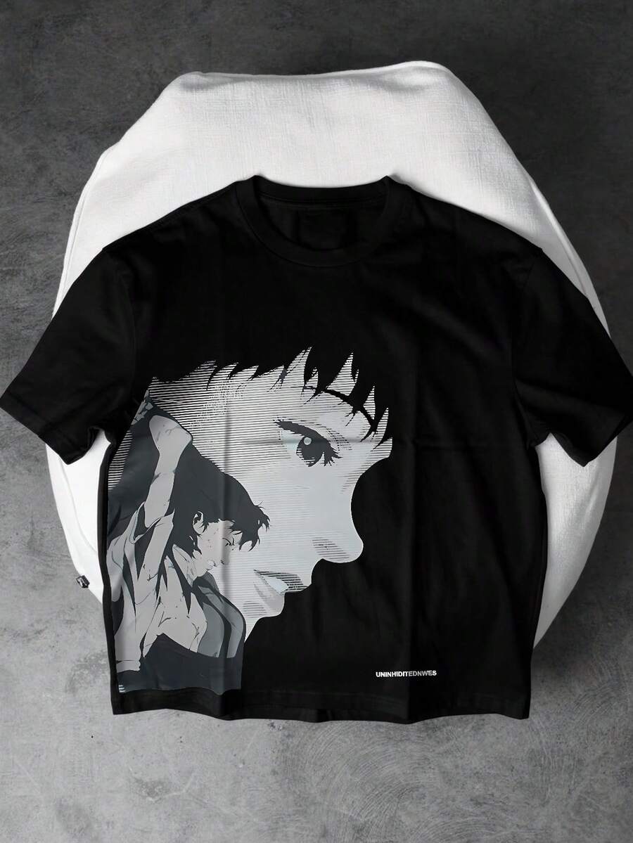 NEON DUSK Men's Black Casual Anime Character Slogan Graphic Print Short Sleeve T-Shirt, Suitable For Daily, Leisure, Streetwear, Commuting - Black - View 1