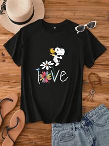 SNOOPY Dancing-Themed Short-Sleeved Women's Clothing With A Literary Style. The Unique Hand-Drawn Comic Book Pattern And Stylish Round Neck Design Make It Suitable For Everyday Wear. - màu đen - Xem 1
