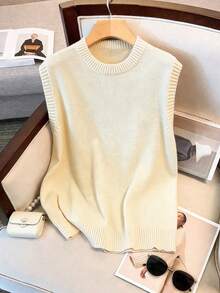 Minimalana Plus Size Women's Spring And Summer Fashion Casual Vacation Hundred Solid Color Round Neck Sleeveless Vest Sweater Pullover Summer Top - American Apricot - View 9