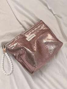 Portable, Stylish, Shiny Large Capacity Makeup Bag With Pearl Pendant, Travel Makeup Storage Bag, Toiletry Bag Organizing Bag, Suitable For Toiletries, Cosmetics, Makeup Brushes, Accessories, Travel, Home Storage, Travel Essentials, Dormitory Supplies