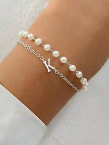 2Pcs/Set Simple Fashion Custom Name Initial Pendent Gold Color Stainless Steel Chain Faux Bead Chain Bracelets For Women - Multicolor - View 6