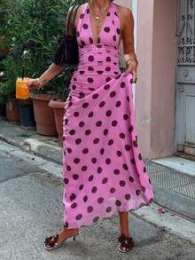 Women's Tie Backless Sleeveless Halter Dress Deep V Neck Ruched Cinching Waist Long Flowy Dresses - 粉色 - 查看 7