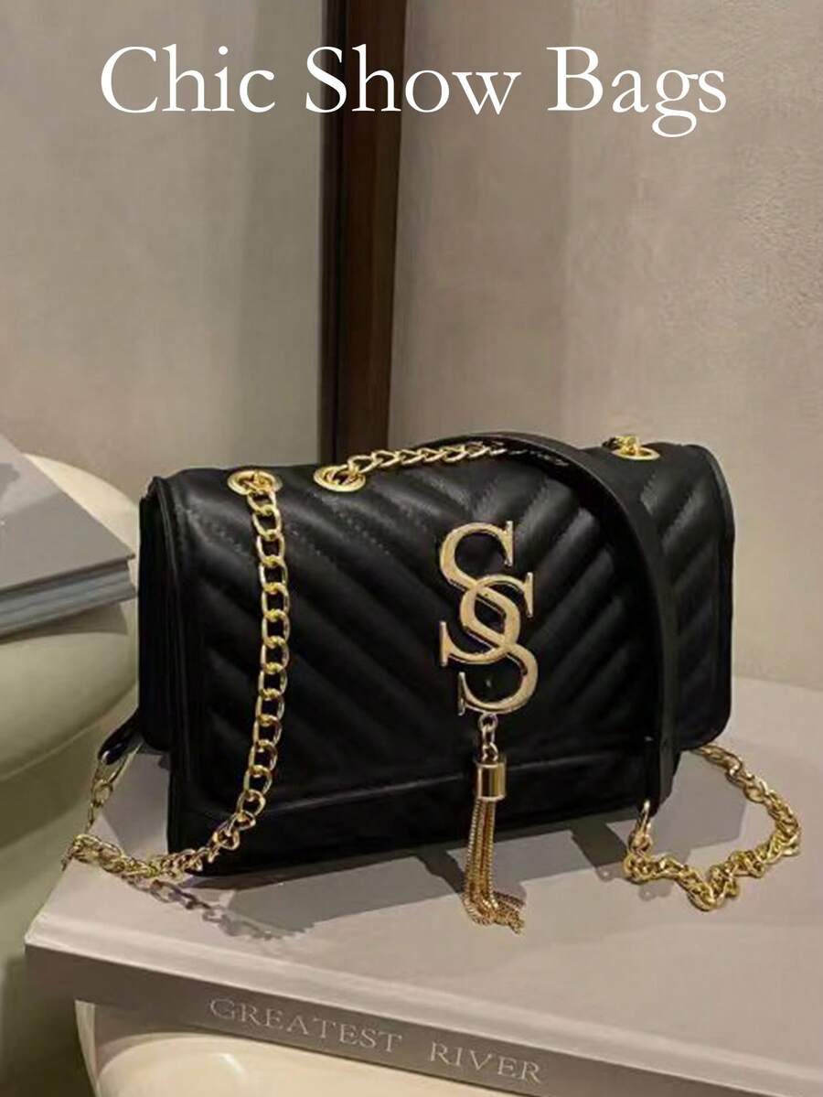 优雅女士链条单肩包，绗缝PU皮革斜挎包，奢华简约腋下邮差包，格子图案，可机洗 - 涤纶衬里 - 黑色 - 查看 1