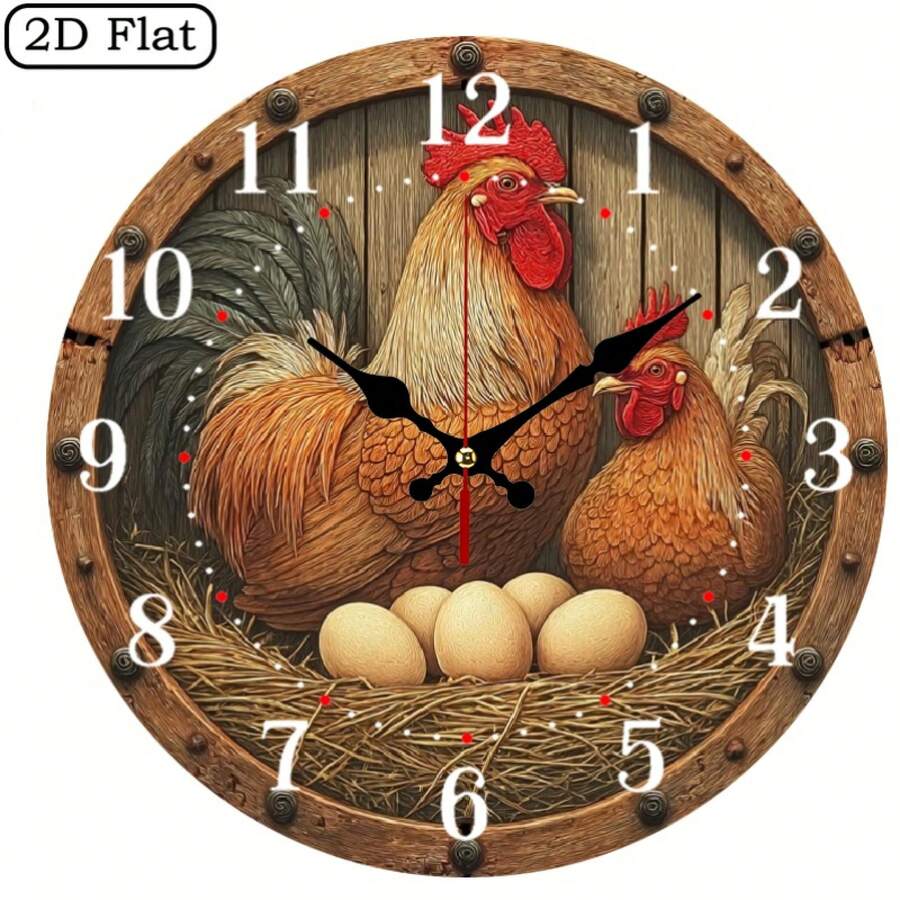 1 Farmhouse Rooster-Shaped Wooden Wall Clock - 10x10inch Silent Non-Ticking Battery Operated - Rustic Decor With Hatching Chick Design, Suitable For Rooms - AA Batteries Not Included, 2D Flat SZ - 1 - Xem 1