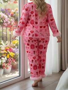 Women Pajama Set, Heart Print Long Sleeve Top With Pants Sleepwear Loungewear For Valentines Day - Pink - View 6