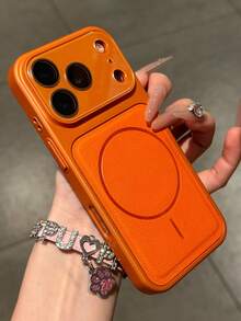 1个豪华电镀边框AG玻璃摄像头镜头皮革磁吸手机壳，兼容 17/16/15/14/13 Pro Max，柔软TPU后盖 - 橘色 - 查看 2