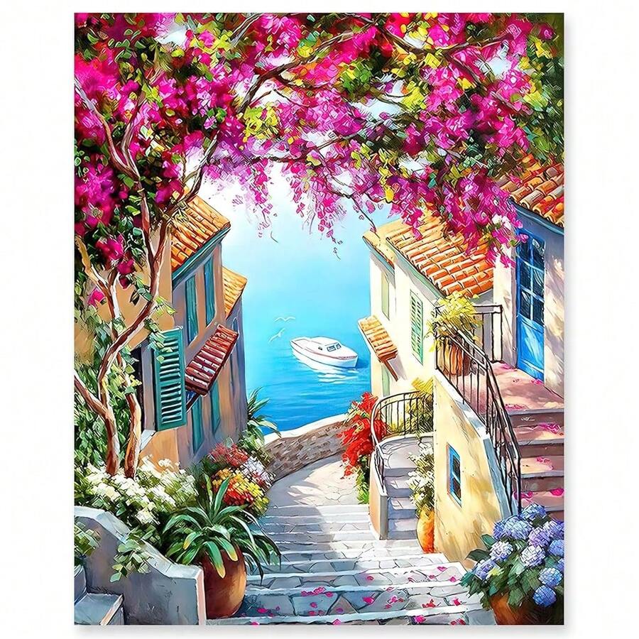 gelrovaled Malen Nach Zahlen Erwachsene, DIY Handgemalt Ölgemälde Kit für Anfänger und Erwachsene Mit 3-Pinseln und Acrylfarbe, Ohne Rahmen 40X50CM (Flower Town)-1503 - Flowertown - Übersicht 1