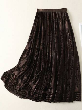 Falda larga de línea A con pliegues de terciopelo de cintura alta, con tela de punto calada elegante y casual para fiestas y vacaciones