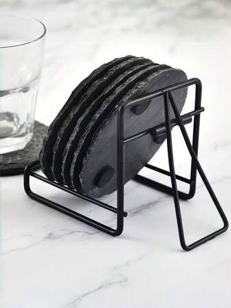 1pc Fashionable Black Metal Coaster Holder With Grid Design - Multifunctional Kitchen Storage Rack, Suitable For Countertop, Durable Iron Structure, Great For Dining And Entertainment, Practical Rack