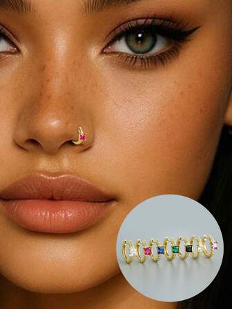 1pc S925 Sterling Silver Square Colorful Cubic Zirconia Nose Ring, 14K Gold Plated, Personalized Gemstone Earring Style Nose Hoop, Daily Wear Jewelry Gift For Women & Girls
