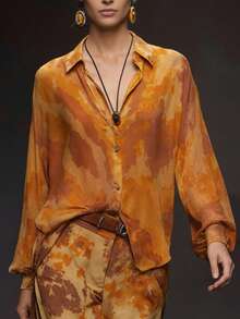 Women's Fashionable Casual Tie-Dye Print Open Front, Lantern Sleeve Blouse, Daily Commute, Spring/Summer New - Coral Orange - View 3