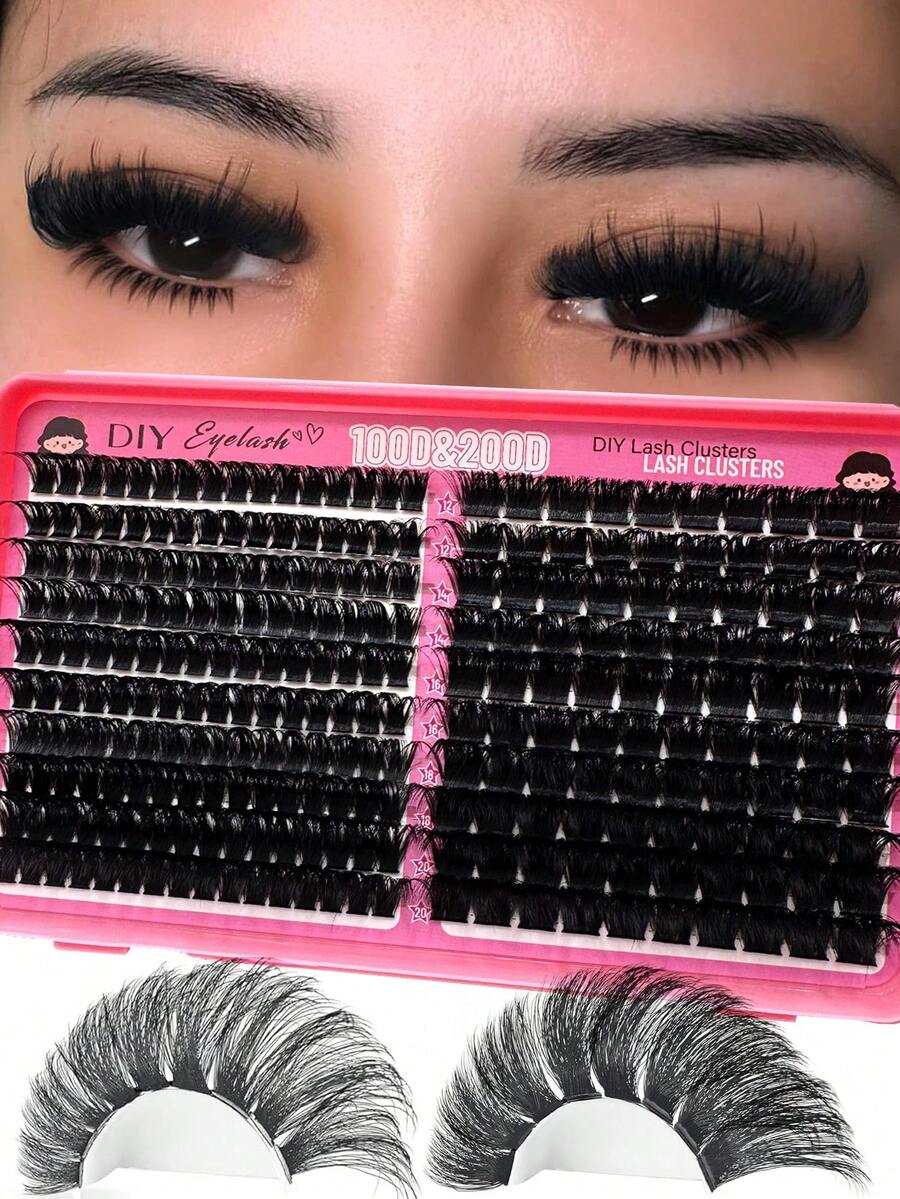 100D+200D Fluffy Lash Cluster, 16mm & 18mm Thin Individual Super Dense Lashes, D Curl Lash Cluster, 260pcs, DIY Lash Extension At Home, Dense Individual Lashes, DIY Hedgehog Lash Extension, Cartoon Style Lash Cluster - D - View 1