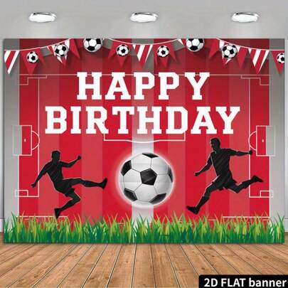 2D平面足球主题生日背景，红色足球场设计，包含球员和球门框，醒目的白色文字，耐用涤纶摄影棚背景，生日快乐元素，适用于室内/室外派对、摄影、家居装饰、车库门展示，无需用电，生日派对装饰