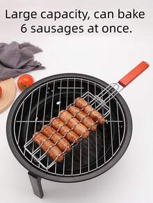 1个烧烤热狗架，不锈钢烧烤篮带木柄 - 可锁定烧烤架，不锈钢香肠架，适用于热狗、香肠和蔬菜，兼容燃气和木炭烧烤炉，非常适合后院和露营使用。