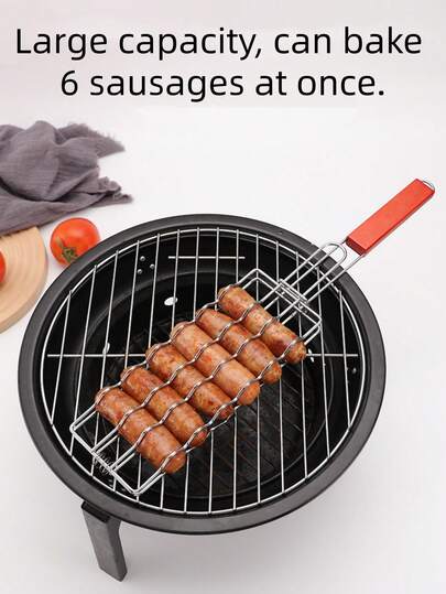 1PC BBQ Hot Dog Rack, Stainless Steel Grilling Basket With Wooden Handle - Lockable Grill Rack, Stainless Steel Sausage Holder, Suitable For Hot Dogs, Sausages, And Vegetables, Compatible With Gas And Charcoal Grills, Perfect For Backyard And Camping Use.