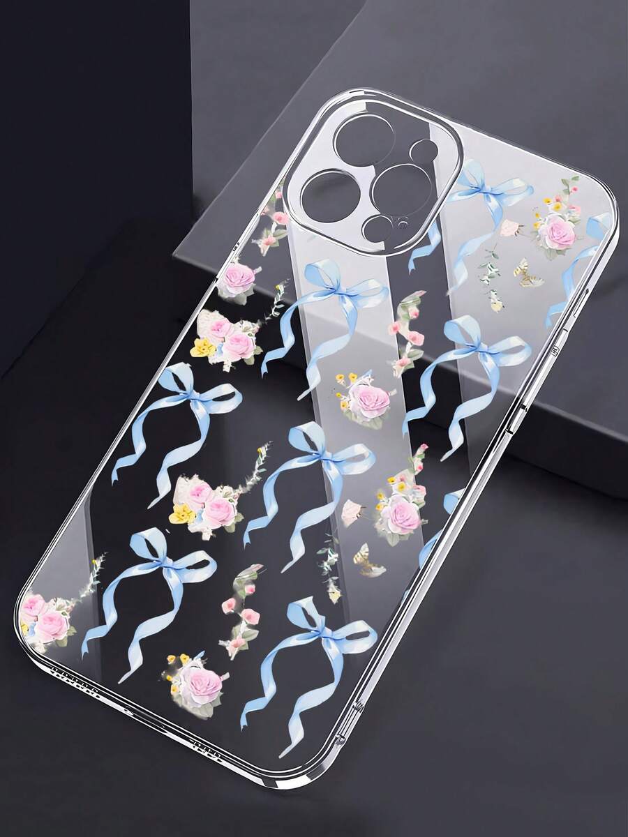 Funda para teléfono con diseño de flores y lazos azules, compatible con iPhone 16, 15, 14 Pro Max, 13, 12, 11, XR y XS Plus. Fabricada en silicona TPU, ofrece protección contra golpes y caídas, además de una excelente sensación al tacto. Es el regalo ideal para familiares, amigos y seres queridos. - transparente - Ver 1