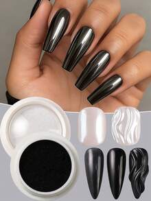 2件装黑色魔镜镀铬美甲粉 - 镜面闪粉，极光电镀白色珠光冰透明美人鱼美甲闪粉装饰，Y2K黑色，适合美甲师和DIY爱好者 - 黑與白 - 查看 7