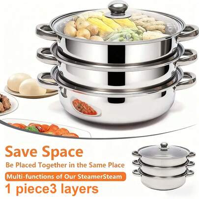 Cooking Steamer, 5.0 Stainless Steel Steamer, 3-Layer Food Steamer With Lid, For Cooking Vegetables, Seafood, Soups, Stews, And Pasta