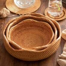 1/3pcs Round Wavy Bread Basket Handwoven Rattan Fruit Storage Basket Decorative Woven Home Organizer For Living Room Bathroom Kitchen Counter Pantry, Natural Wicker Weaving Container, Stylish Tabletop Display Holder, Rustic Farmhouse Decor Accent Piece - Khaki - View 3