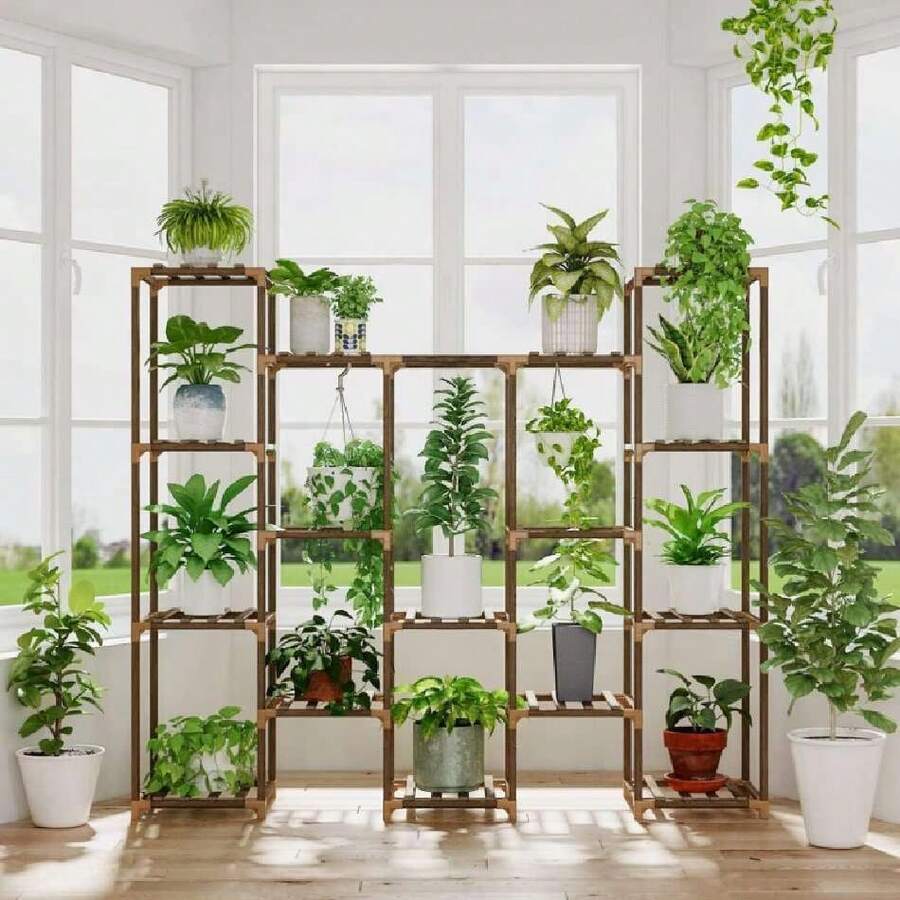 Large Hanging Plant Stand Indoor Tall Plant Shelf Outdoor 14 Pots Large Plant Rack For Living Room Patio, Balcony And Garden,37148566 - 橄欖綠 - 查看 1