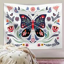 1pc Butterfly & Flower Print Tapestry, Polyester Hanging Wall Decor For Living Room, Bedroom, Office, Home Decor, Party, Rectangular Kitchen Wall Hanging Cloth With Drape Effect, Comes With 3 Wall Nails And 2 Clips - Multicolor - View 8
