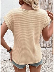 Womens Summer Tops 2026 Waffle Knit Lace Hollow Out Short Sleeve-Shirts Crewneck Casual Loose Basic Tee Blouses - 綠色 - 查看 3