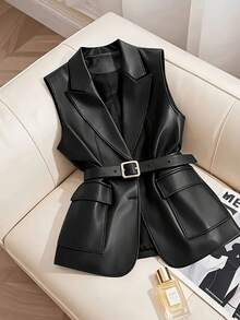 Áo vest nữ không tay bằng da PU, màu trơn, tối giản, cổ ve áo, có túi và nút cài, thích hợp cho mùa thu/đông (không kèm thắt lưng) màu đen. - màu đen - Xem 3