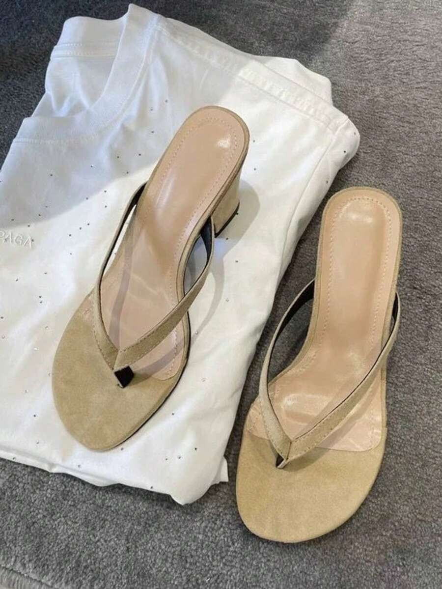 女士人字拖高跟凉鞋，户外性感时尚简约永恒优雅百搭防水沙滩凉鞋 - 杏色 - 查看 1