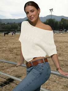 Women's Summer Casual Solid Color Lucky Letter Pattern Batwing Sleeve Sweater Top Mesh Hollow Out Holiday Beach Asymmetrical Hem Knit Top Vacation For Woman