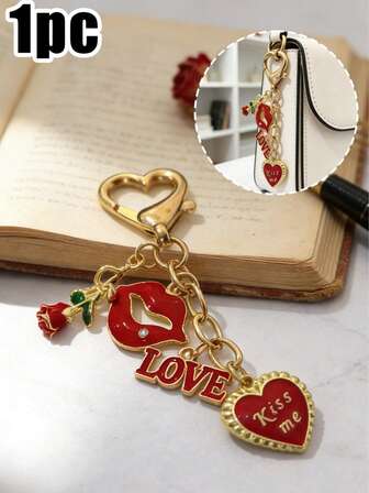 [Llavero del Día de San Valentín] Llavero con colgante de carta de amor y corazón con strass en estilo retro, diseño de labios rojos, de aleación con tono dorado para llaves o bolsos, organizador de llaves con estilo, llavero con labios llamativos, regalo perfecto del Día de San Valentín para ella, accesorio de moda para el bolso, regalo lindo para mujeres, llavero con tema de amor para ella, idea de regalo única para el Día de San Valentín